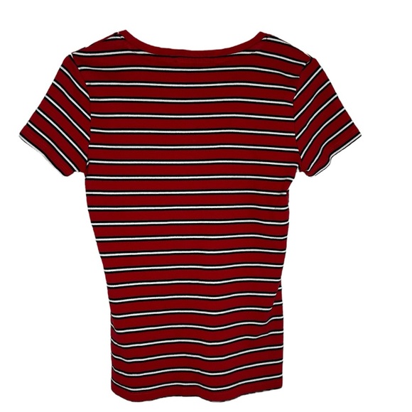 Tommy Hilfiger Red V Neck Striped Shirt Women's Size Small Cotton Casual Preppy - Picture 2 of 9